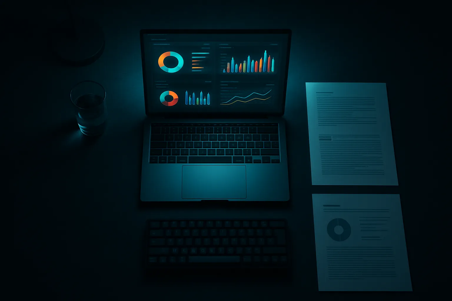 Agency owner's workstation with glowing dashboard screens at night